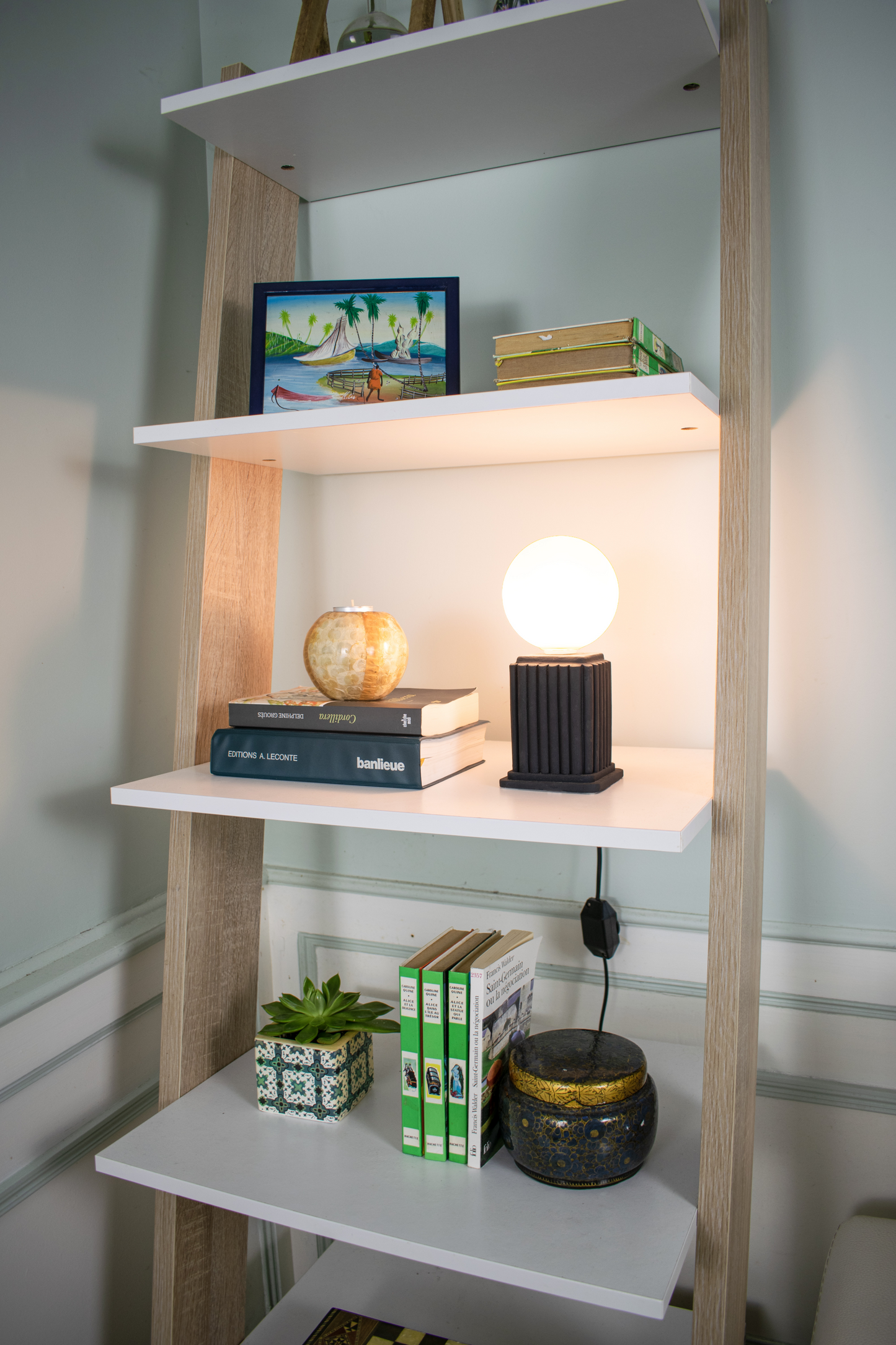 Black Heera | Small Table Lamp with Rectangular Base and a Glass Orb Light Shade