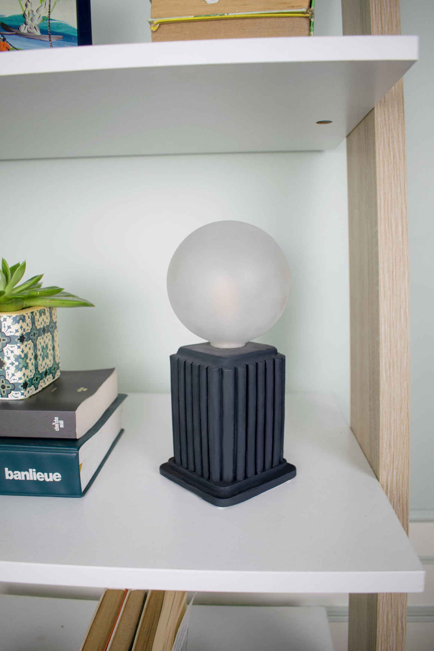 Black Heera | Small Table Lamp with Rectangular Base and a Glass Orb Light Shade
