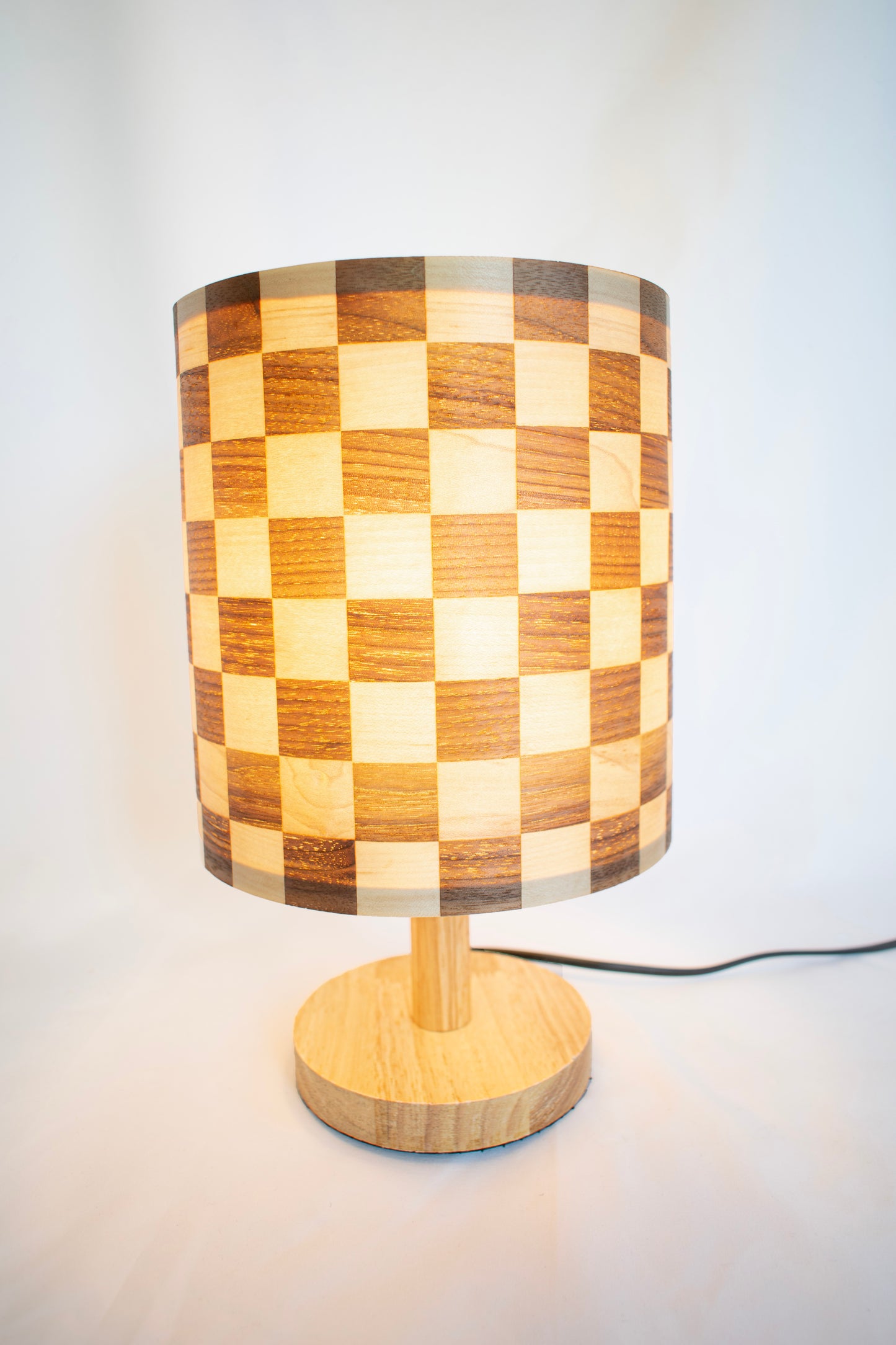 Tall Checkered Lampshade with a Wood Table Lamp Base