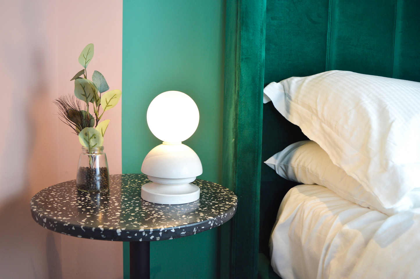 Mia | Modern Round Ceramic Table Lamp Base with a Glass Light Shade