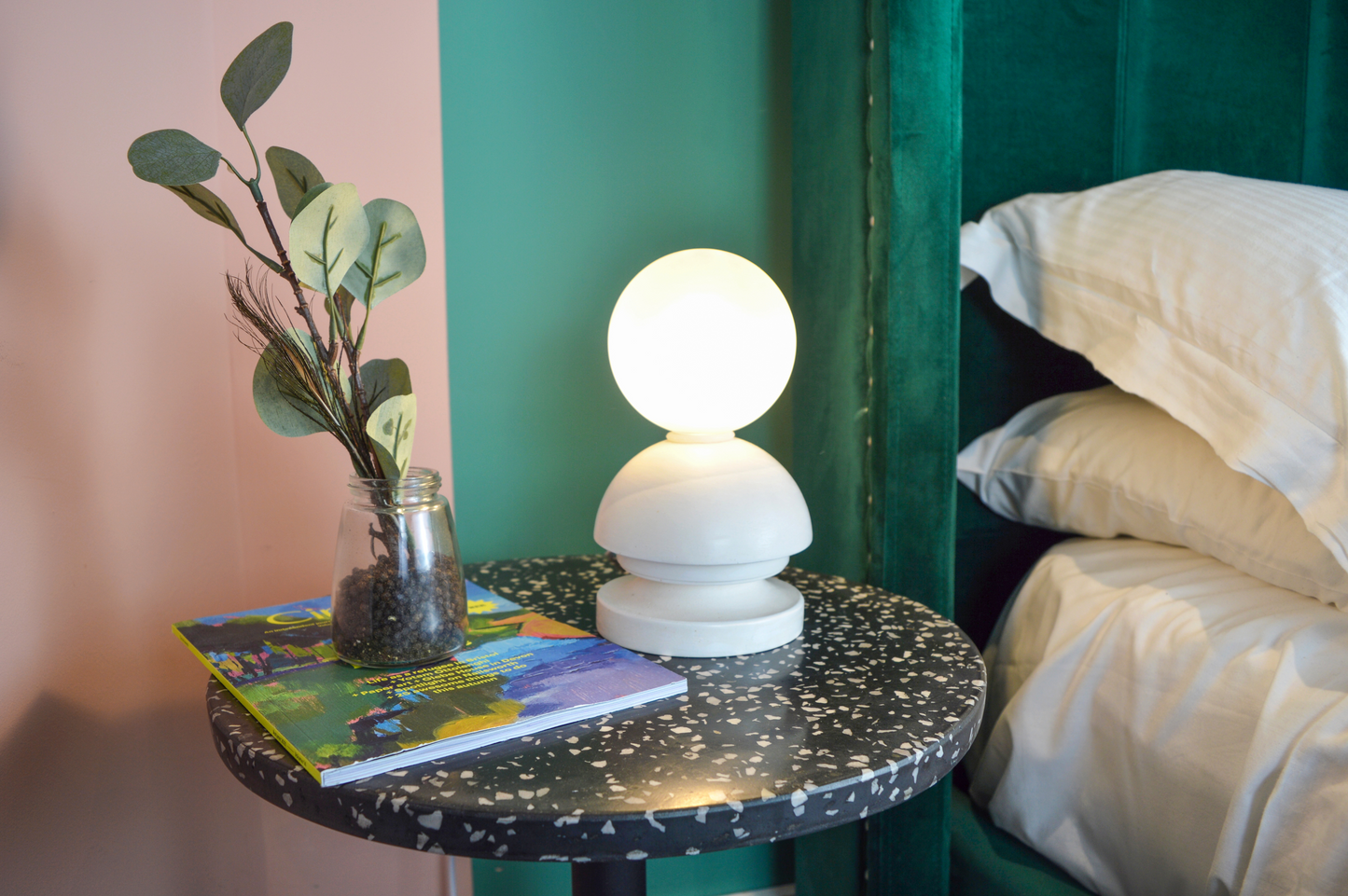Mia | Modern Round Ceramic Table Lamp Base with a Glass Light Shade