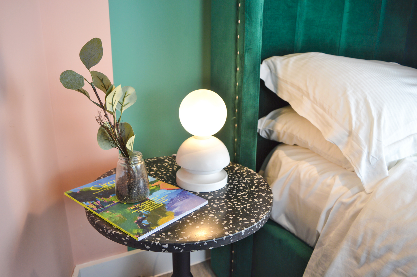 Mia | Modern Round Ceramic Table Lamp Base with a Glass Light Shade