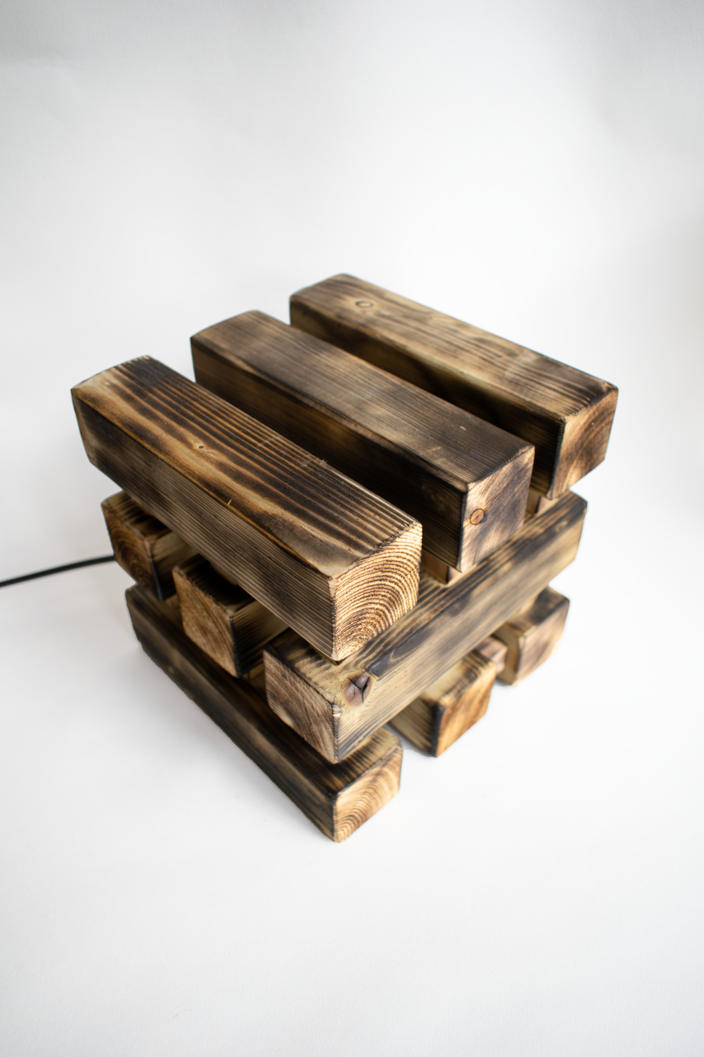Burnt Wood Table Lamp with Square Base and Dimmer Switch, Rustic Cottage Farmhouse Style