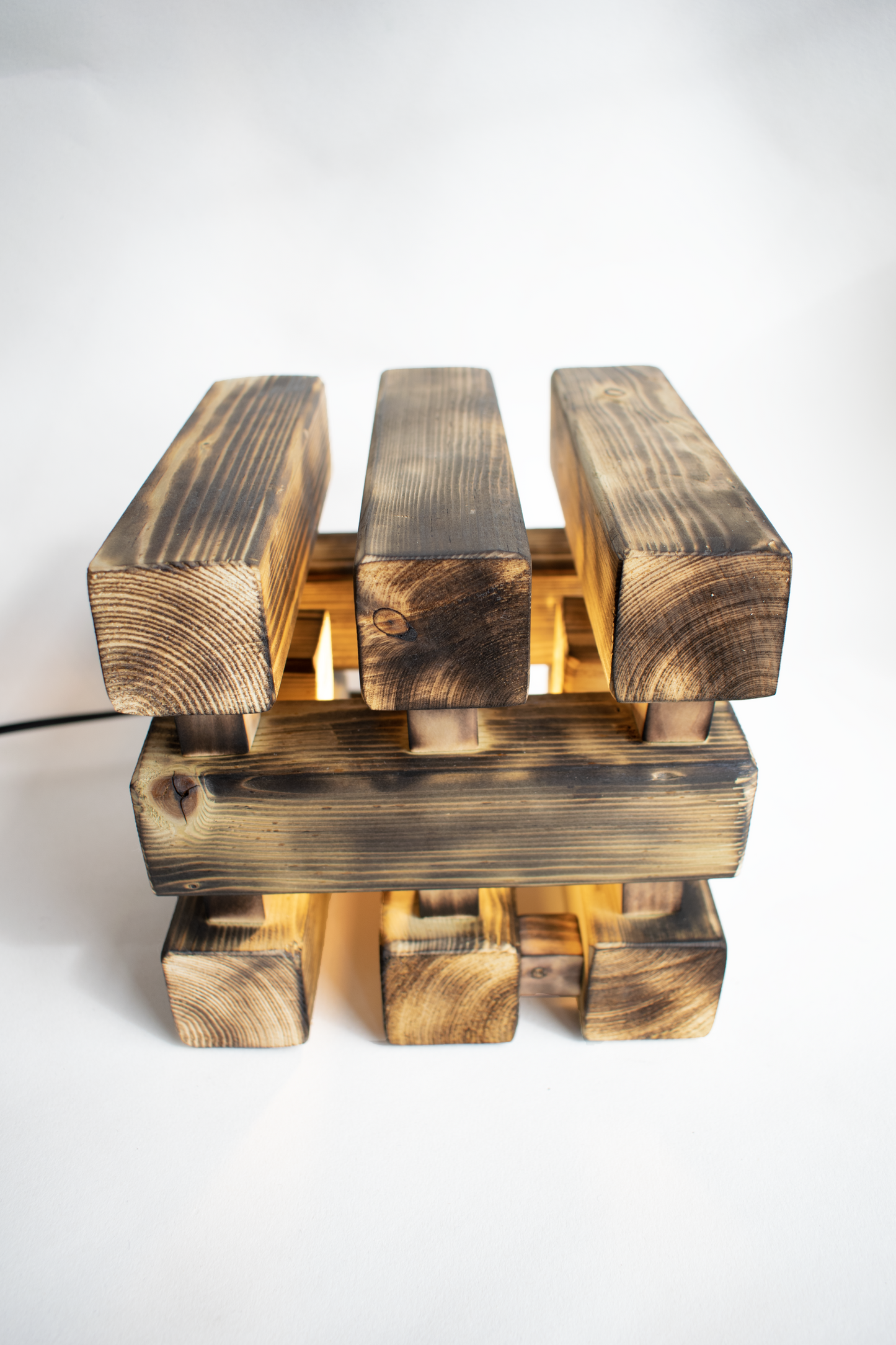 Burnt Wood Table Lamp with Square Base and Dimmer Switch, Rustic Cottage Farmhouse Style
