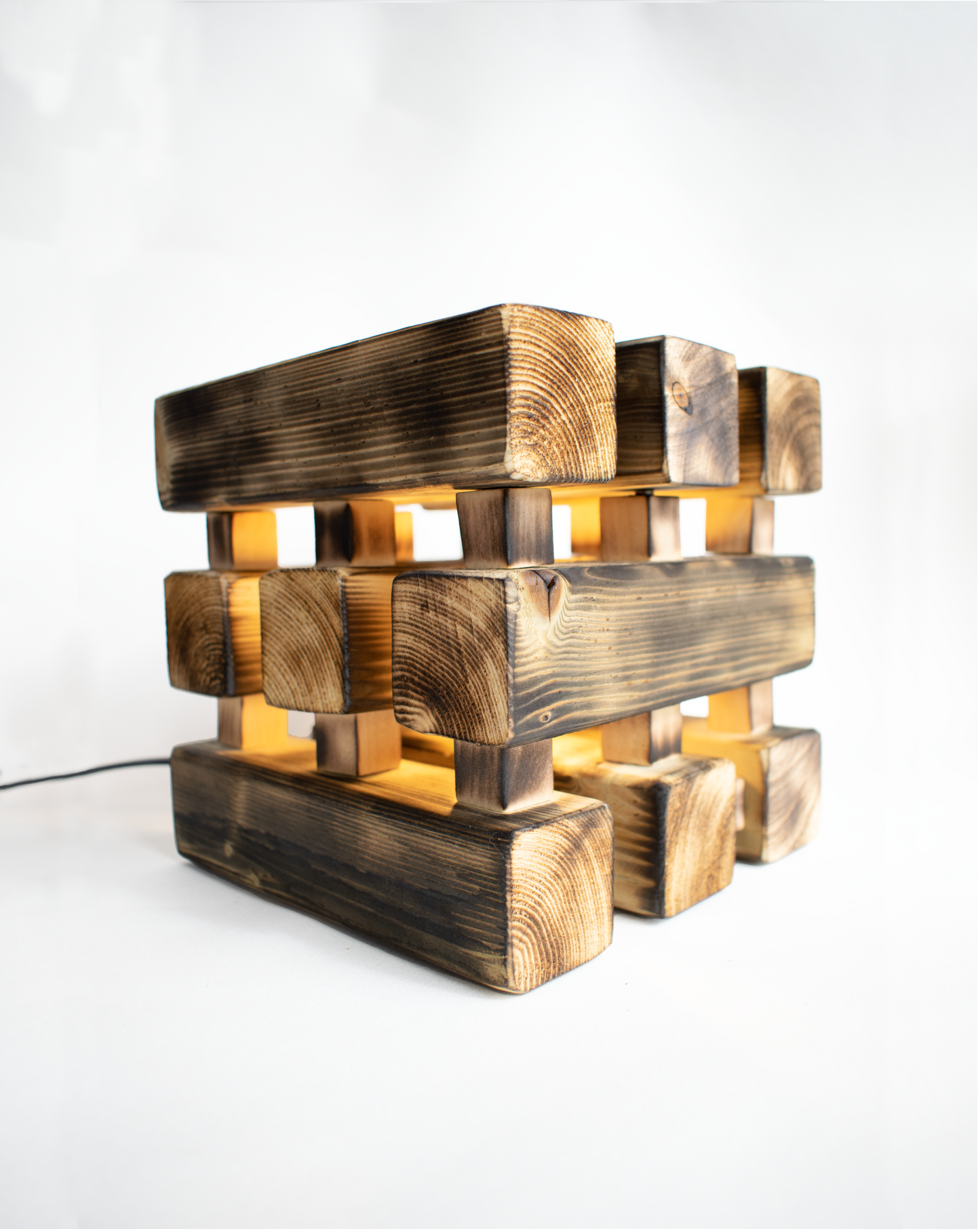Burnt Wood Table Lamp with Square Base and Dimmer Switch, Rustic Cottage Farmhouse Style