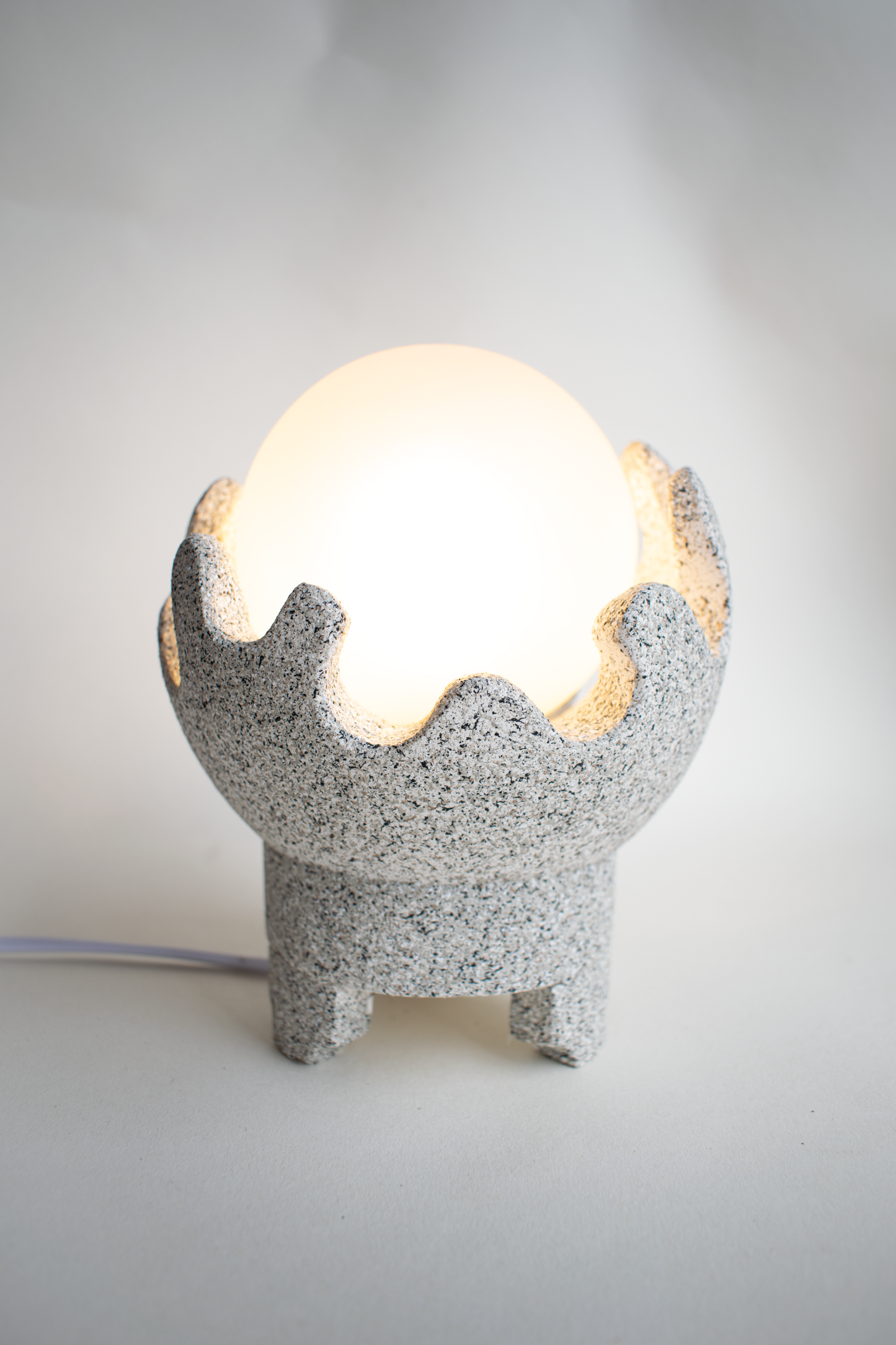 Grey Cora - Small Modern Table Lamp with Curvy Textured Base and Round Glass Light Shade, Dimmable Bedside Desk Lamp