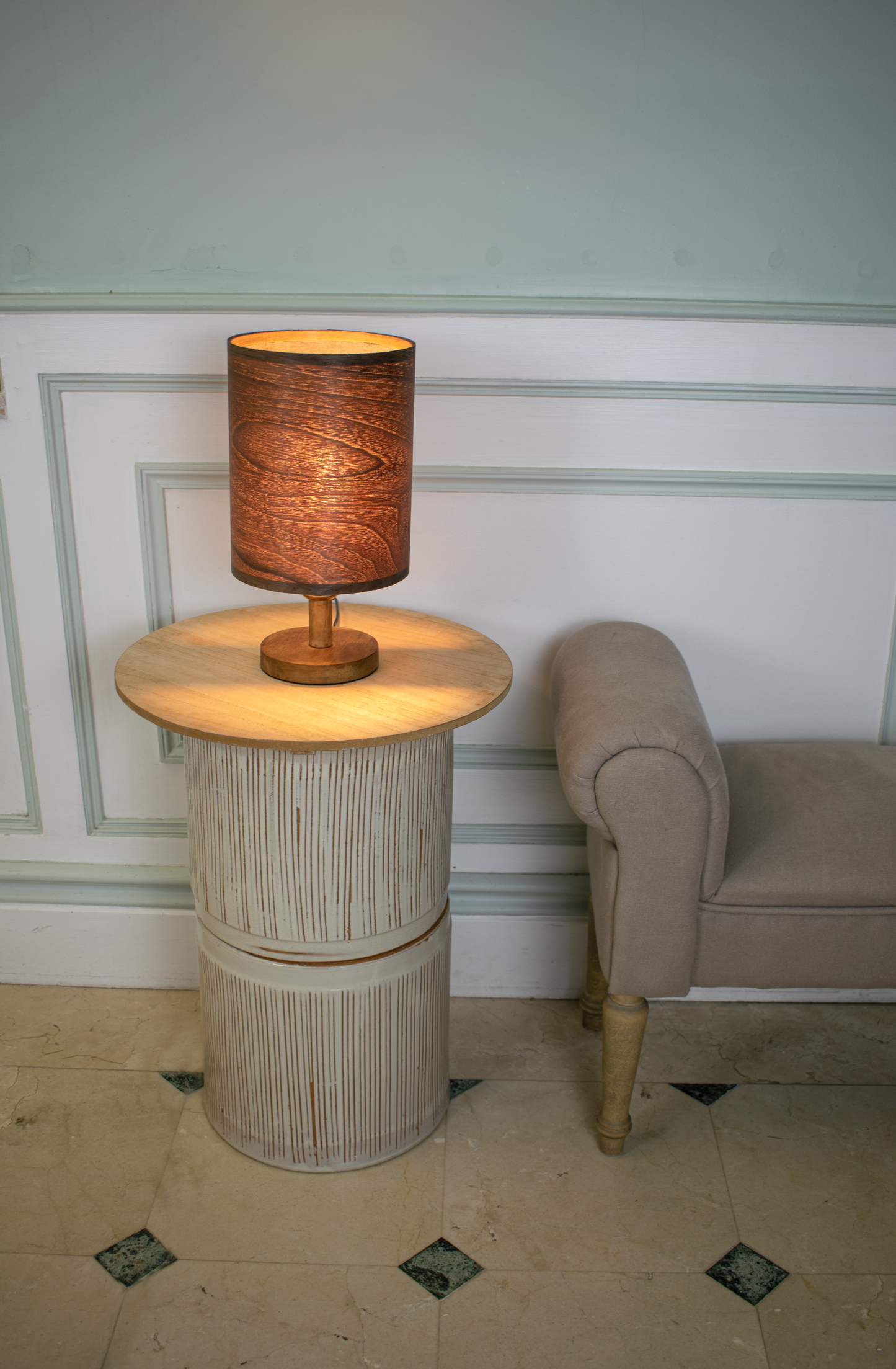 Tall Dark Walnut Lampshade with a Wood Base