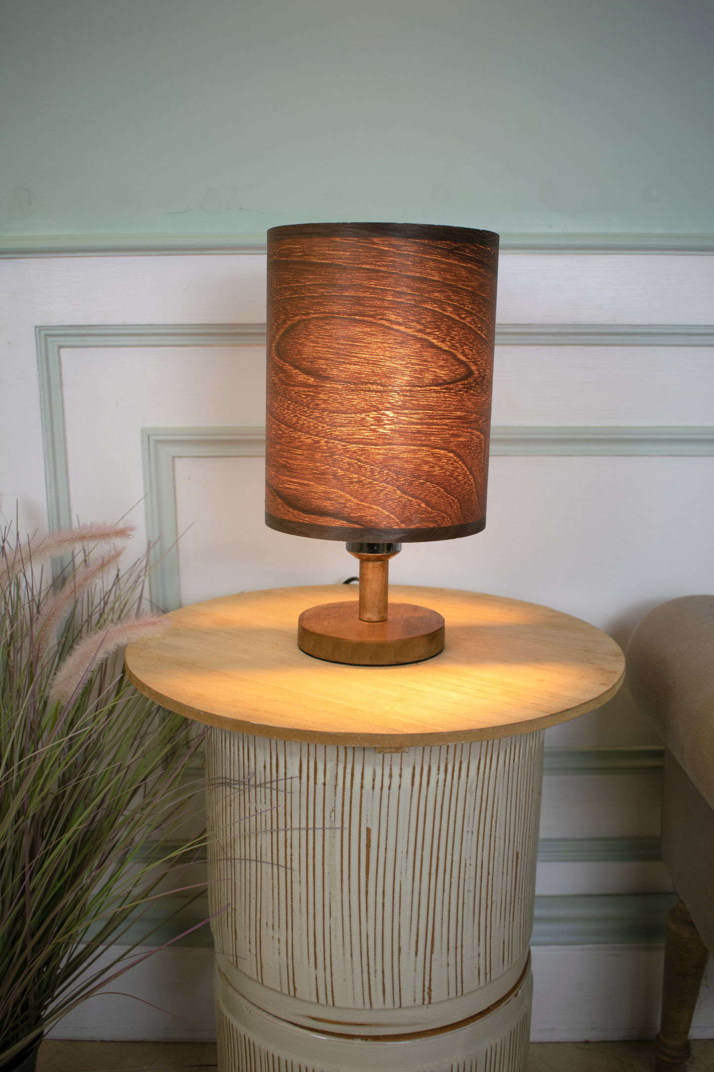 Tall Dark Walnut Lampshade with a Wood Base