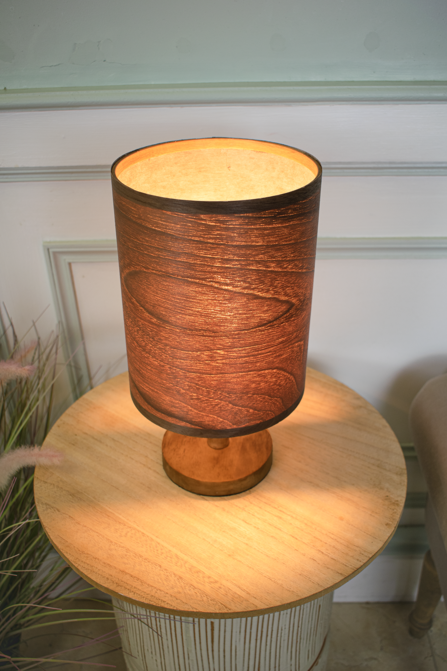 Tall Dark Walnut Lampshade with a Wood Base
