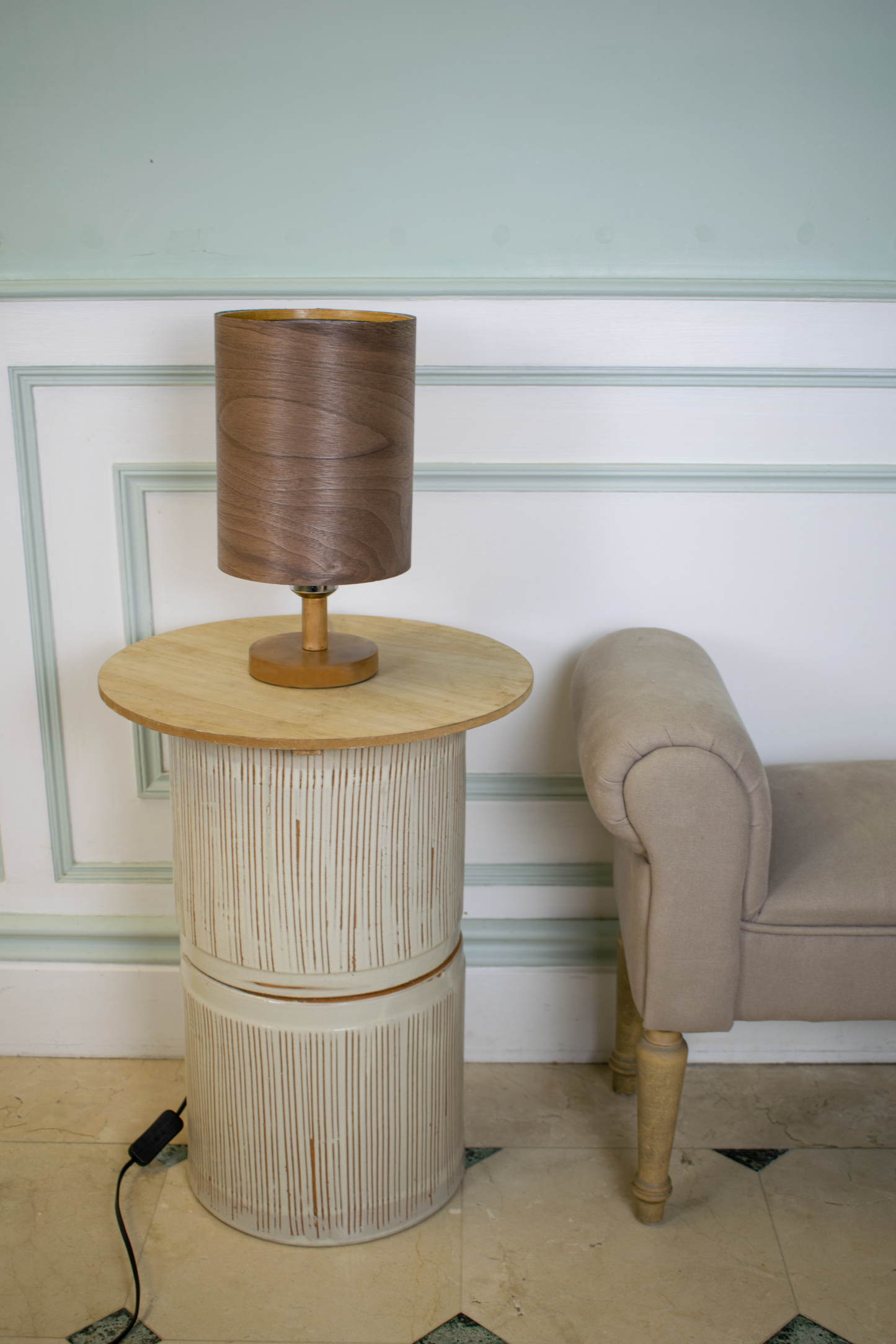 Tall Dark Walnut Lampshade with a Wood Base