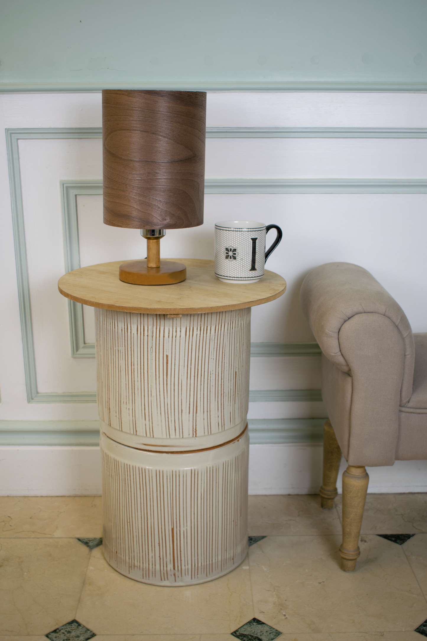Tall Dark Walnut Lampshade with a Wood Base