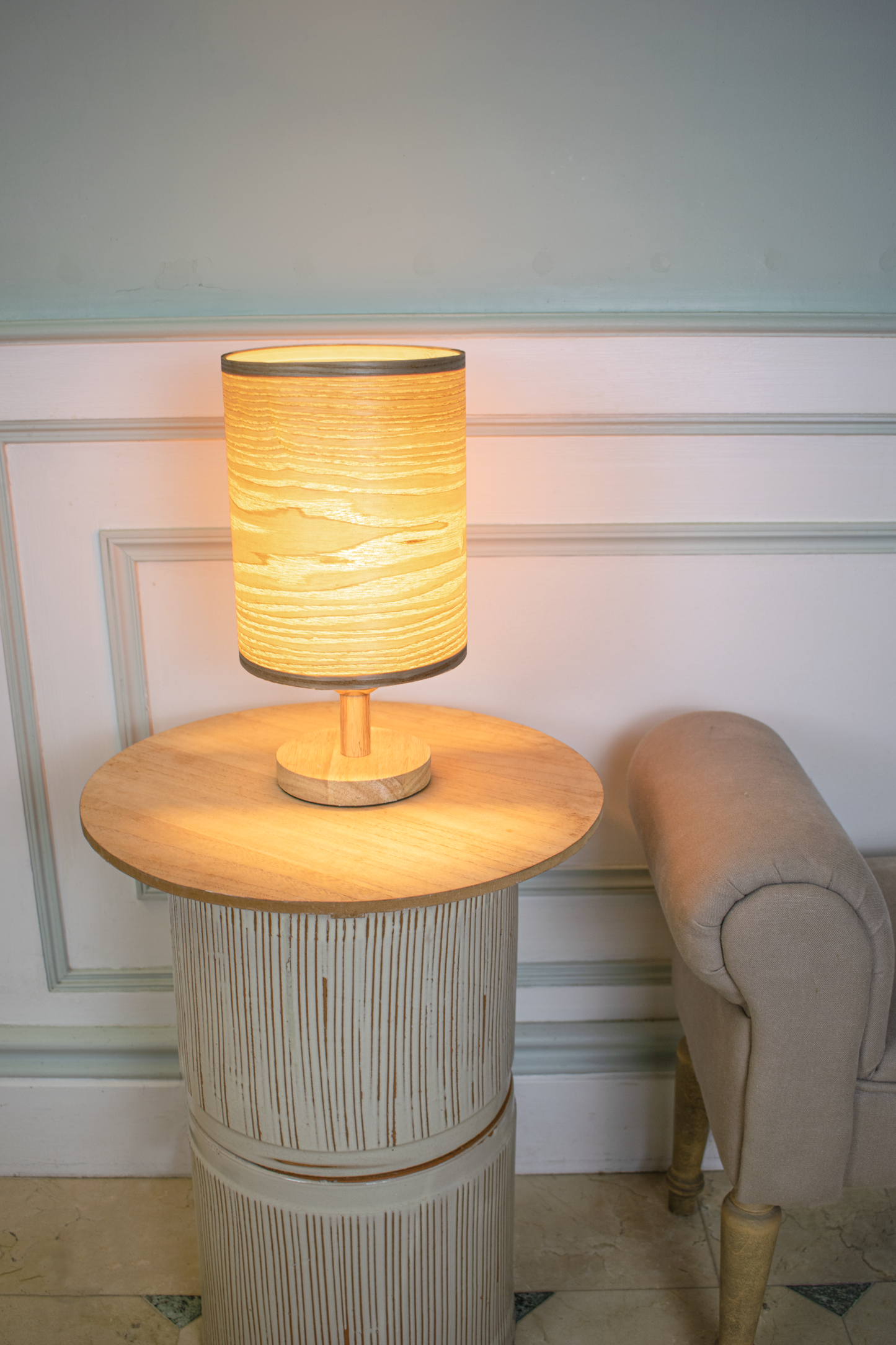 Tall Light Ash Lampshade with a Wood Base