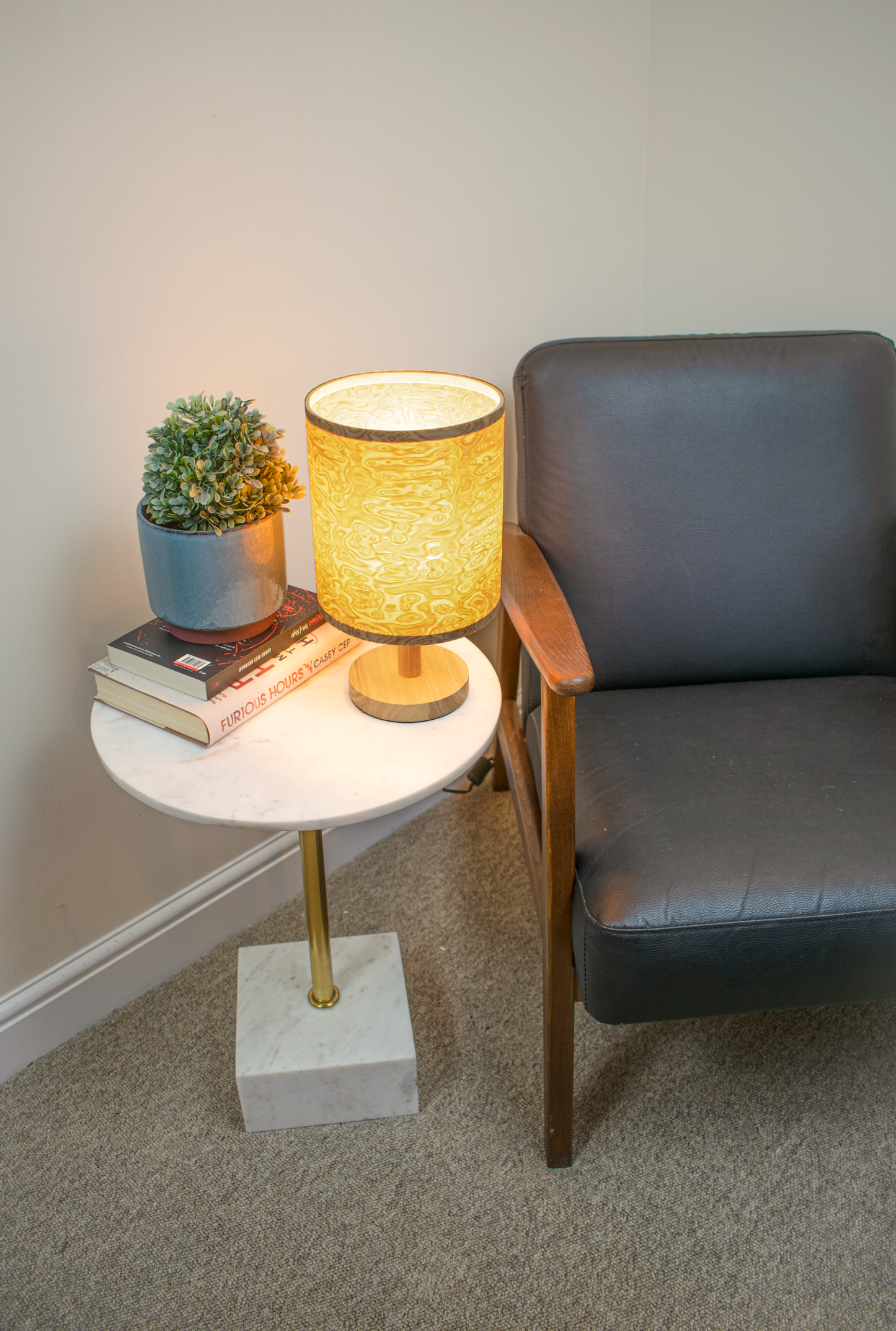 Tall Bird's Eye Lampshade with a Light Wood Base