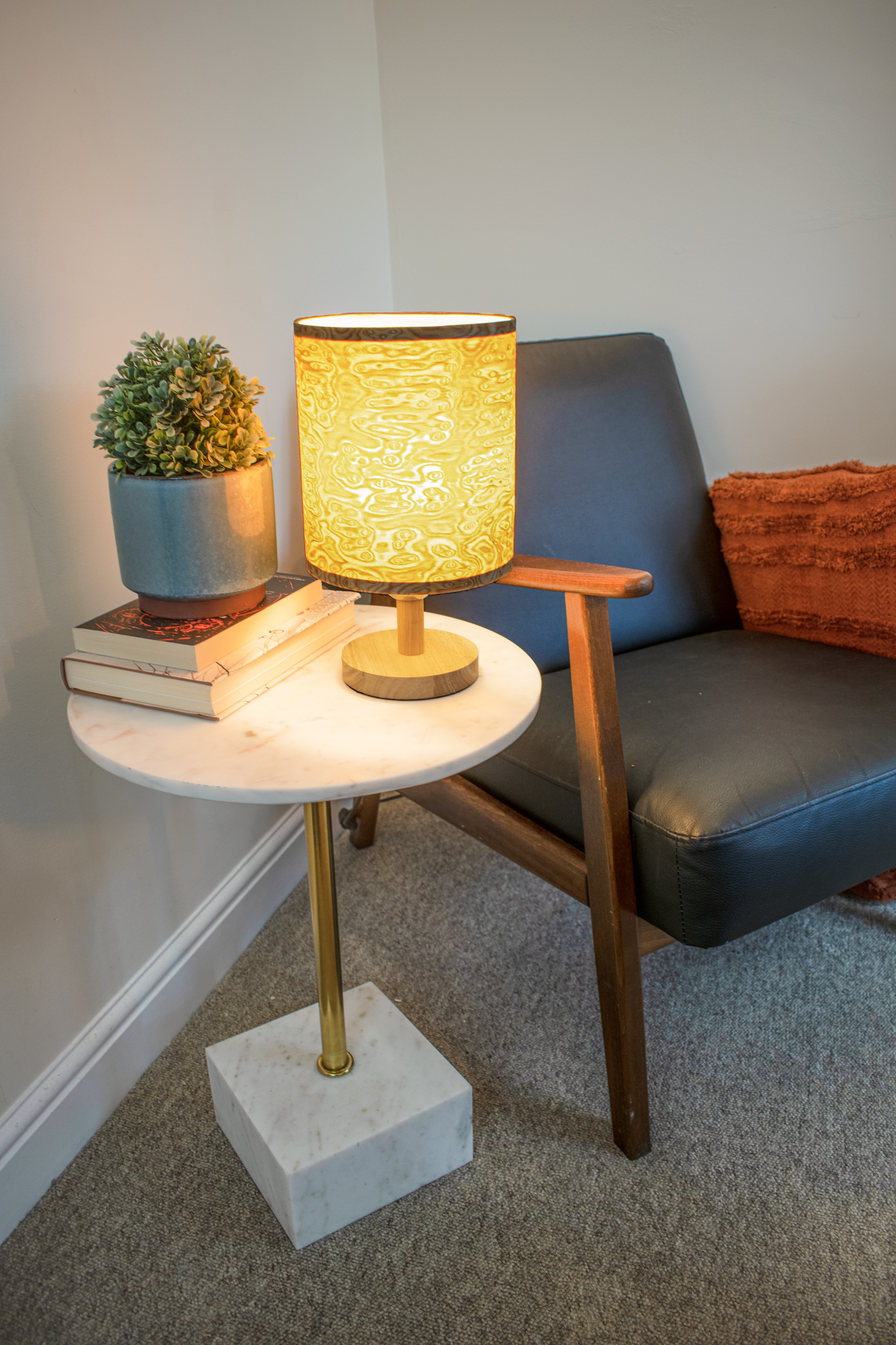 Tall Bird's Eye Lampshade with a Light Wood Base