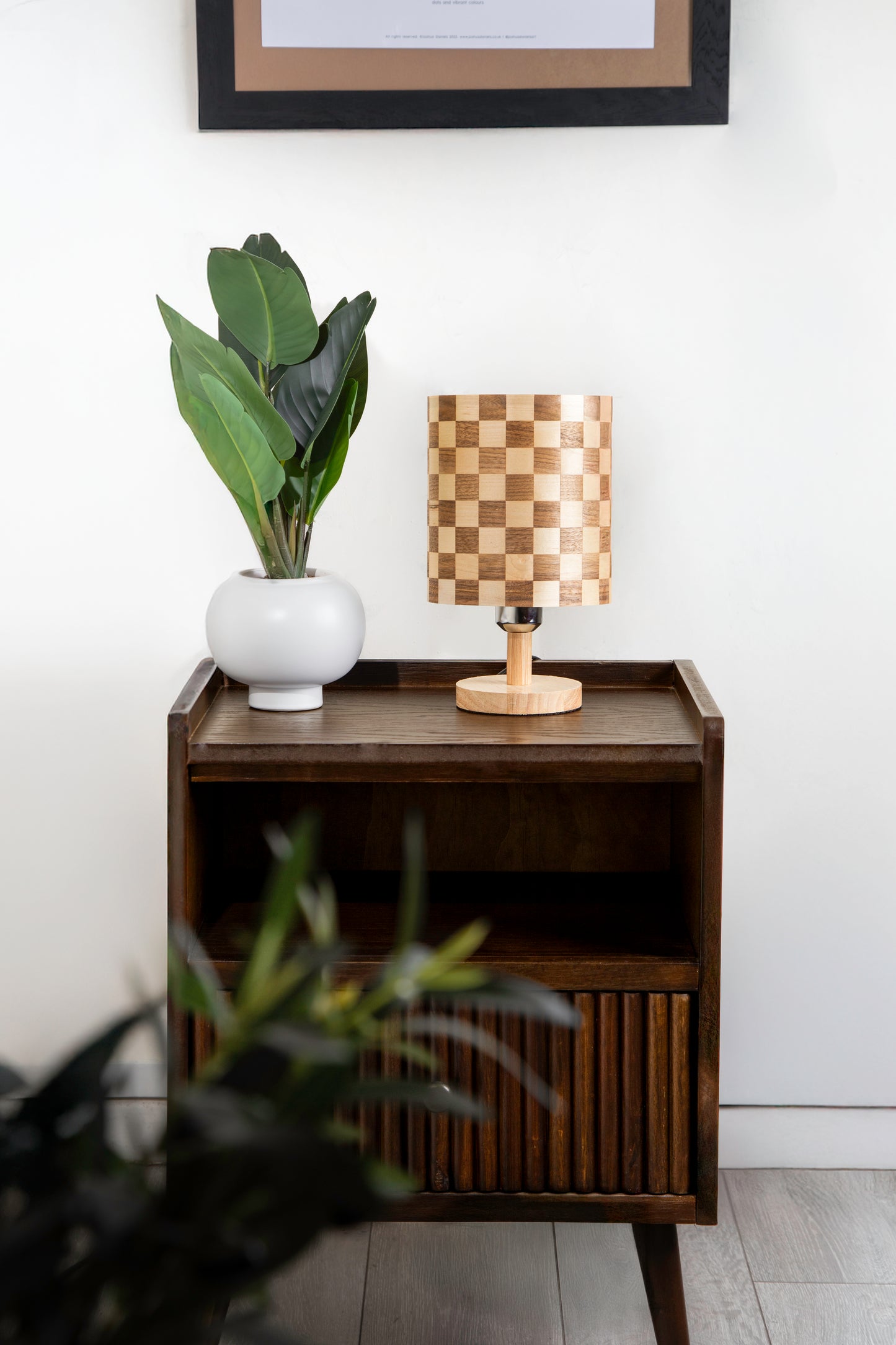 Tall Checkered Lampshade with a Wood Table Lamp Base