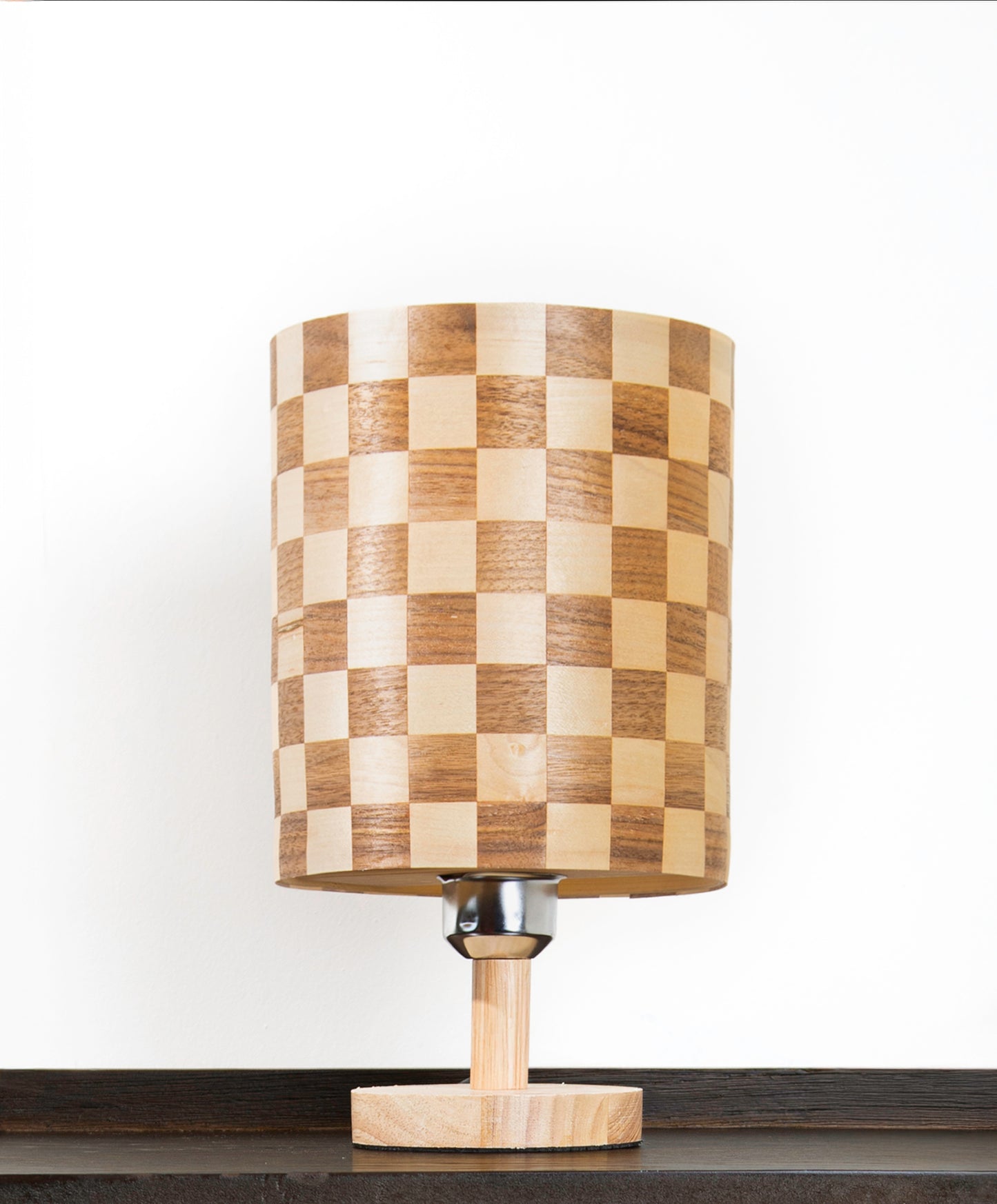 Tall Checkered Lampshade with a Wood Table Lamp Base