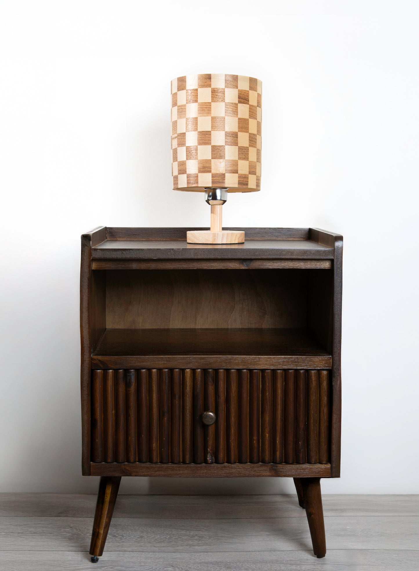 Tall Checkered Lampshade with a Wood Table Lamp Base