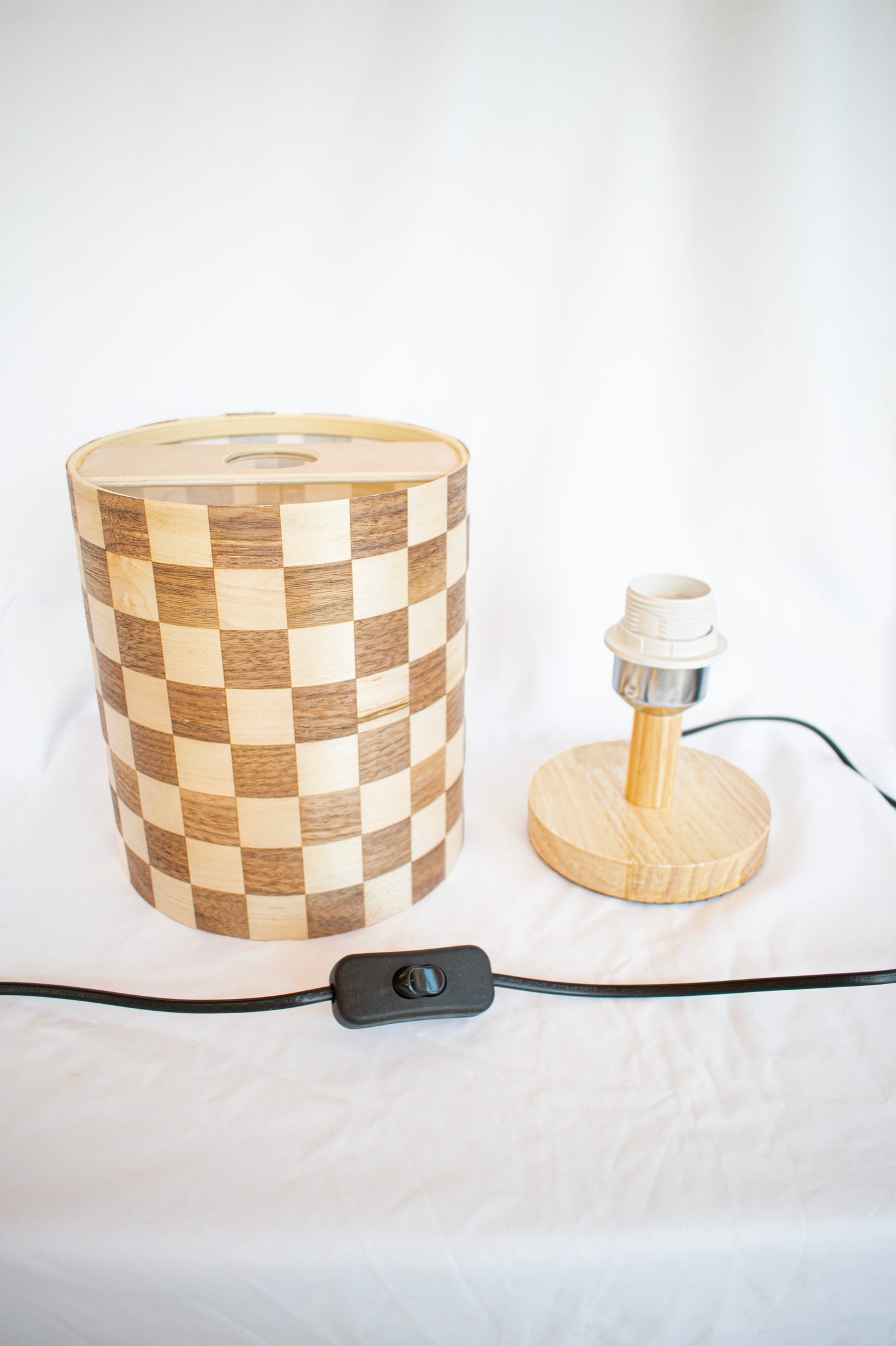 Tall Checkered Lampshade with a Wood Table Lamp Base