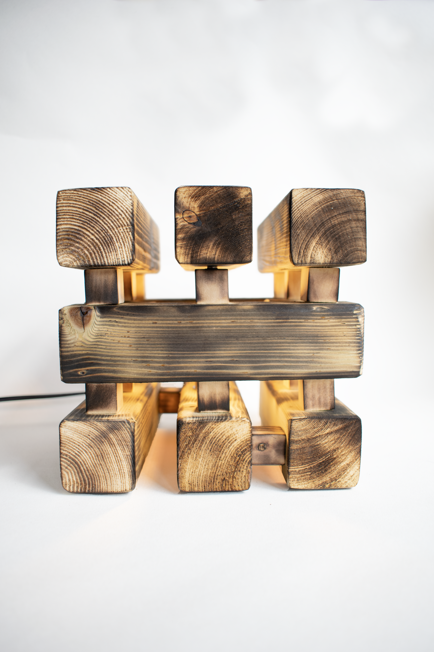 Burnt Wood Table Lamp with Square Base and Dimmer Switch, Rustic Cottage Farmhouse Style