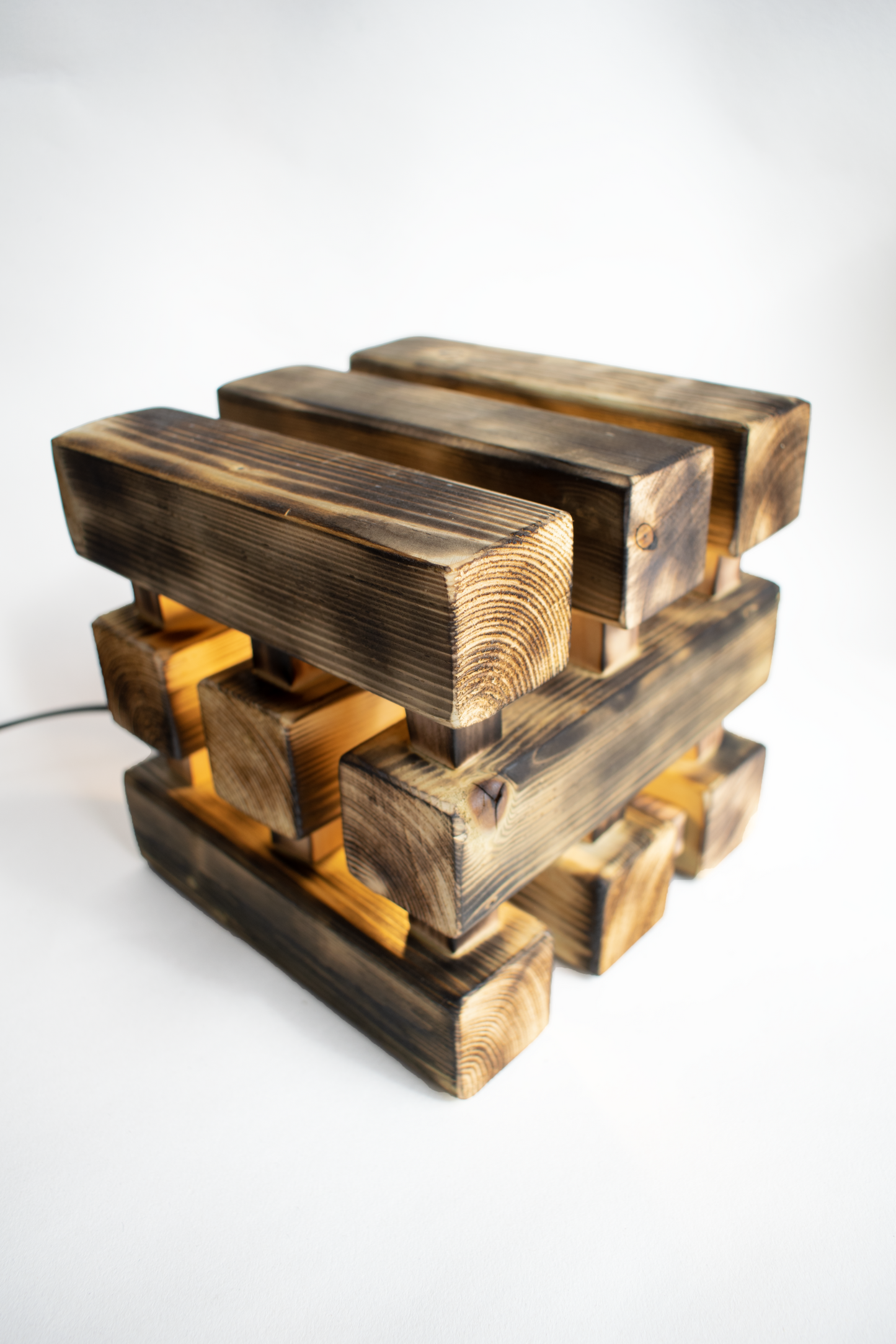 Burnt Wood Table Lamp with Square Base and Dimmer Switch, Rustic Cottage Farmhouse Style