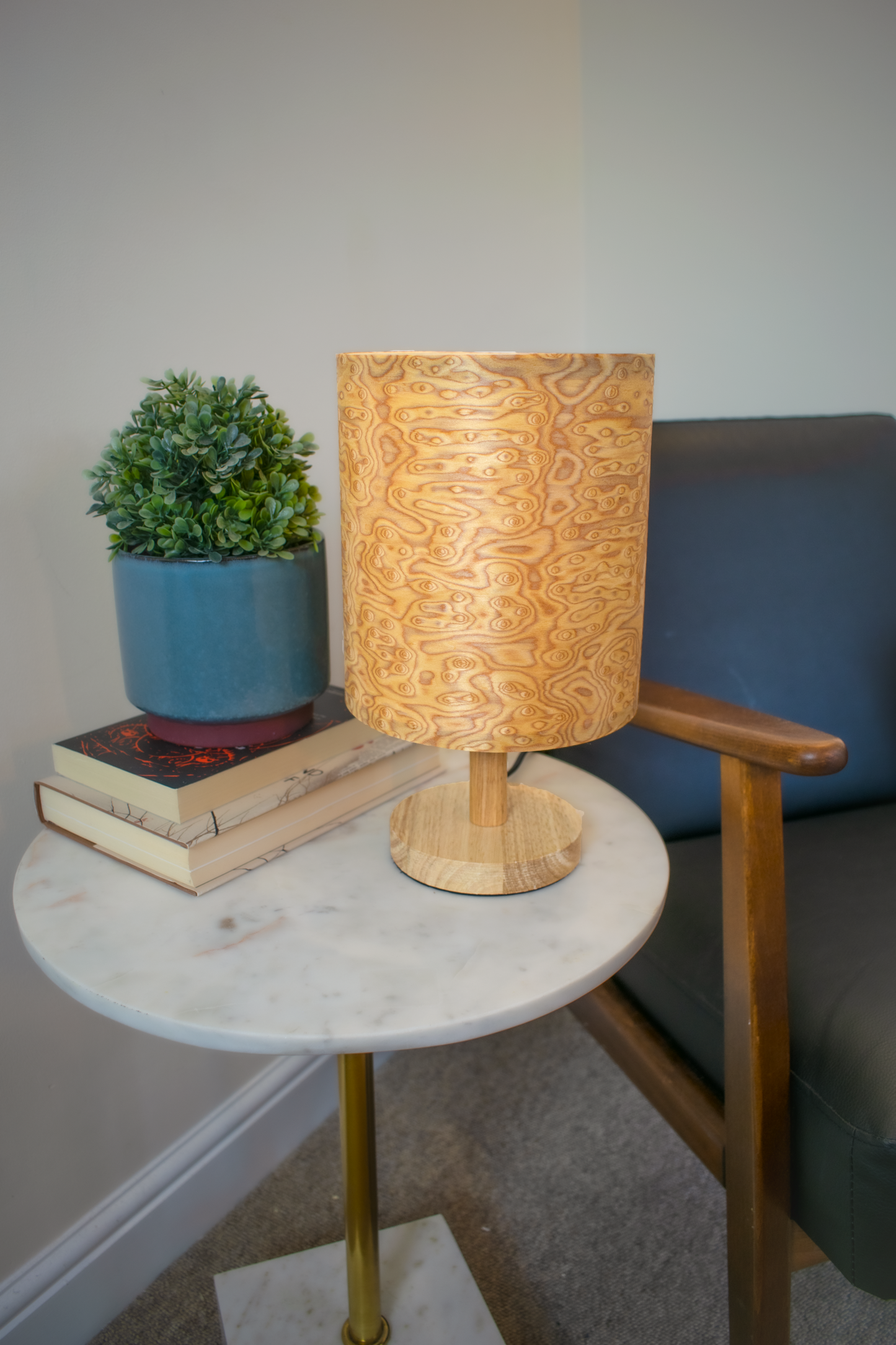 Tall Bird's Eye Lampshade with a Light Wood Base