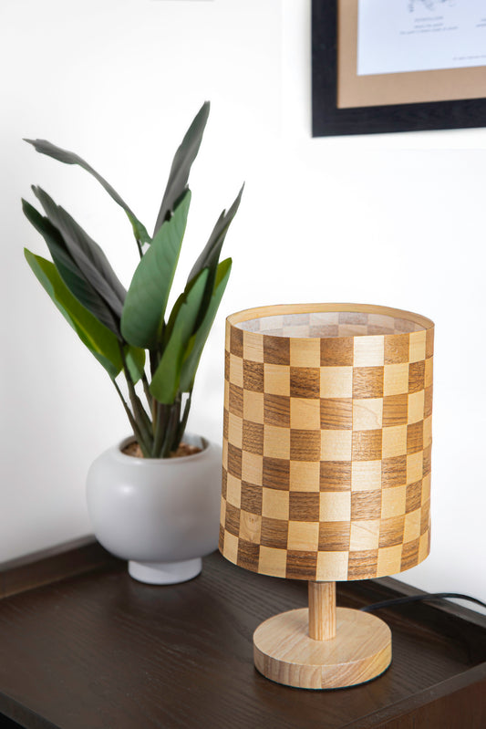 Tall Checkered Lampshade with a Wood Table Lamp Base